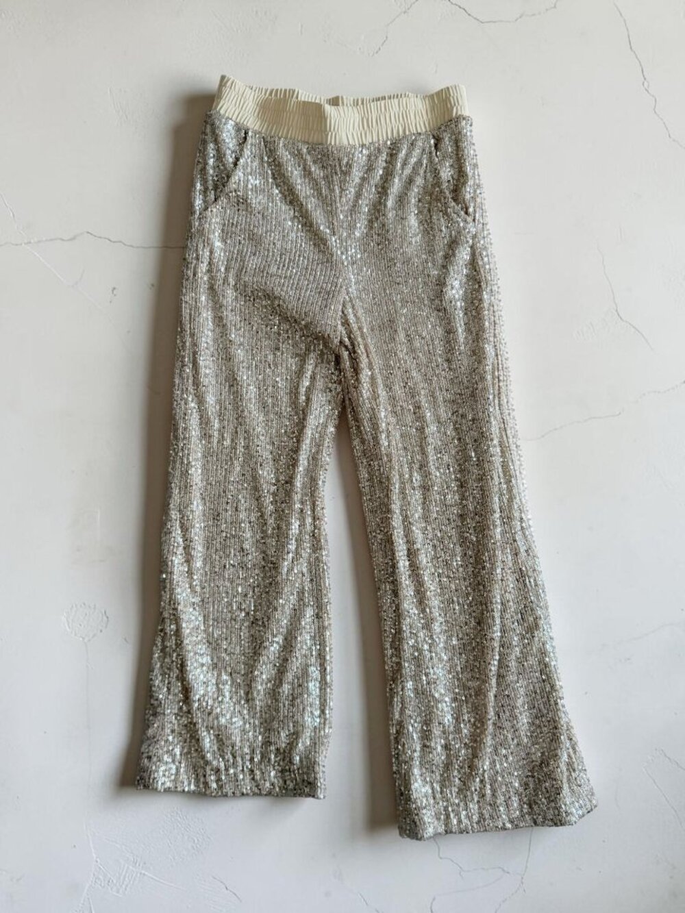 BOSTON PROPER Gold Sequin Full Length Wide Leg Pants Size XS